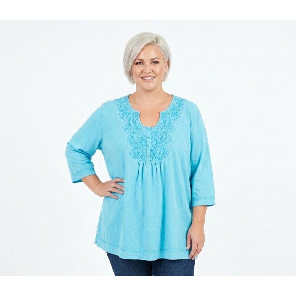 Carole Little Womens Tunic Top 2X  Blue Embroidered Split Neck 3/4 Slv Peasant